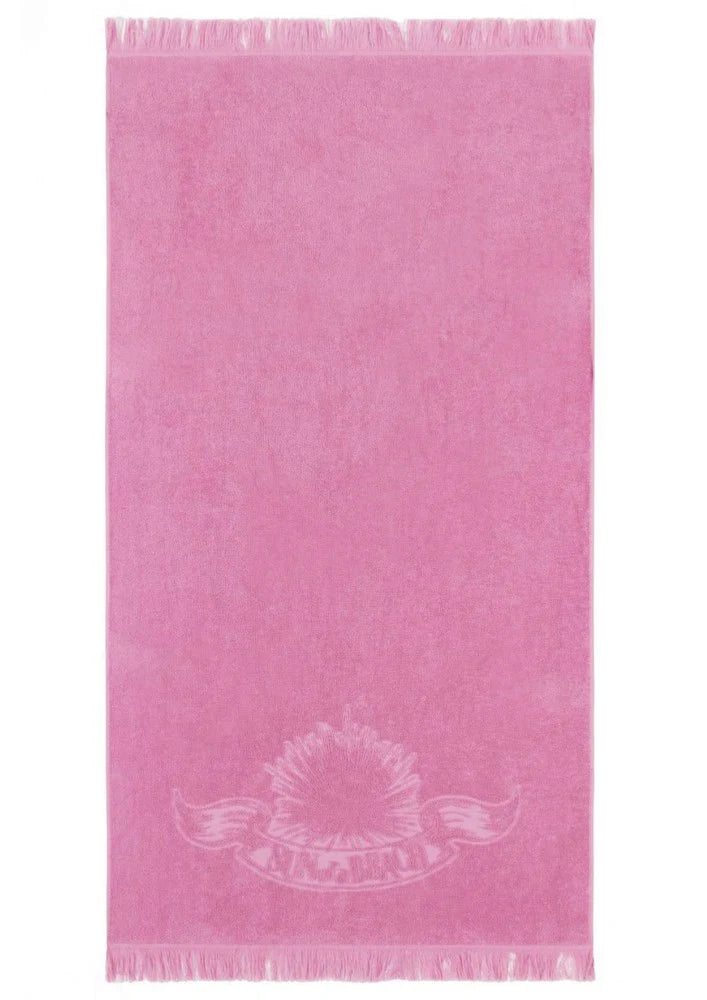 Pink towel with a white emblem on a white background