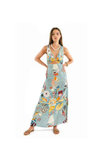 Woman wearing a floral dress on a white background