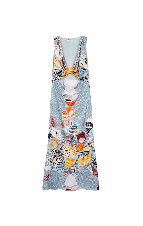Floral dress with a blue background on a white background