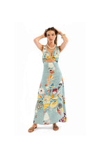 Woman wearing a floral dress on a white background