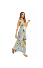 Woman wearing a floral dress on a white background