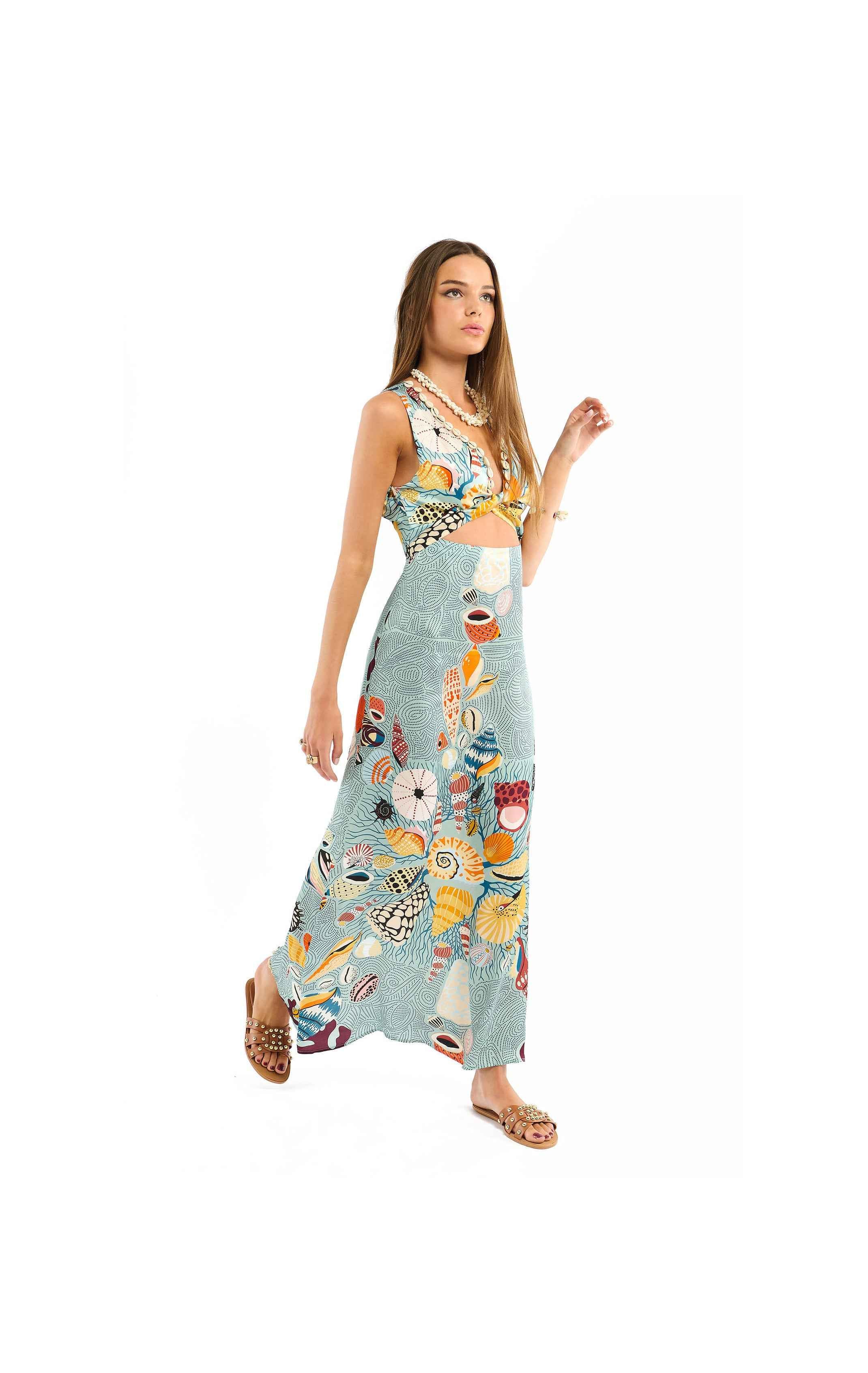 Solemar Coral Print Satin Dress – Cut-Out Maxi Dress