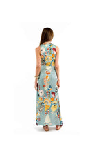 Woman wearing a floral dress on a white background