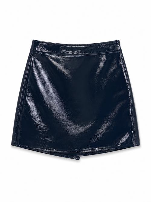 A shiny blue faux-leather mini skirt with a high waist and asymmetrical hem, shown flat on a white background.