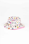 Colorful bucket hat with various patterns on a white background