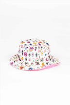 Colorful bucket hat with various patterns on a white background