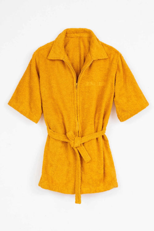 Yellow robe with a belt on a white background