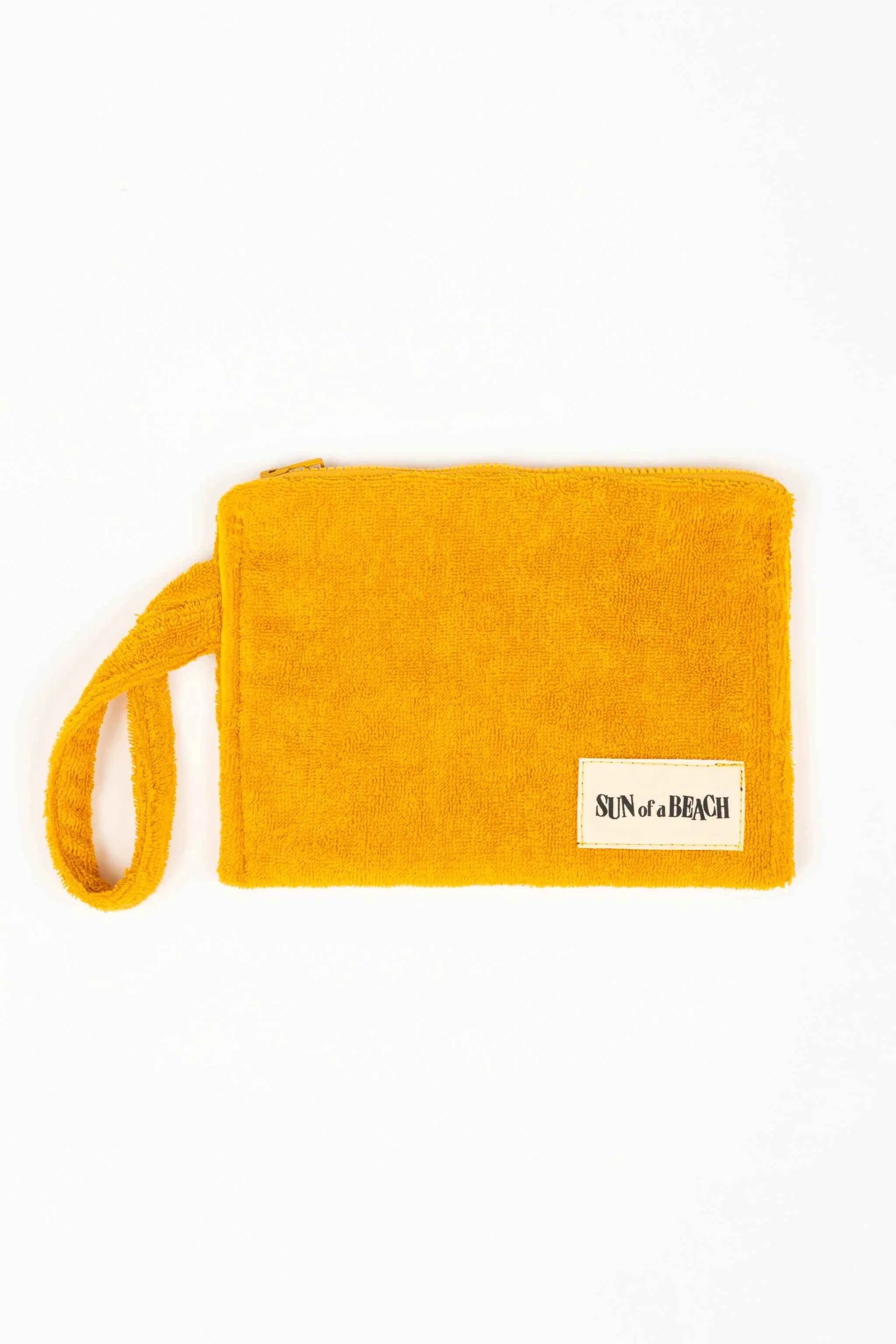 Yellow pouch with a brand label on a white background