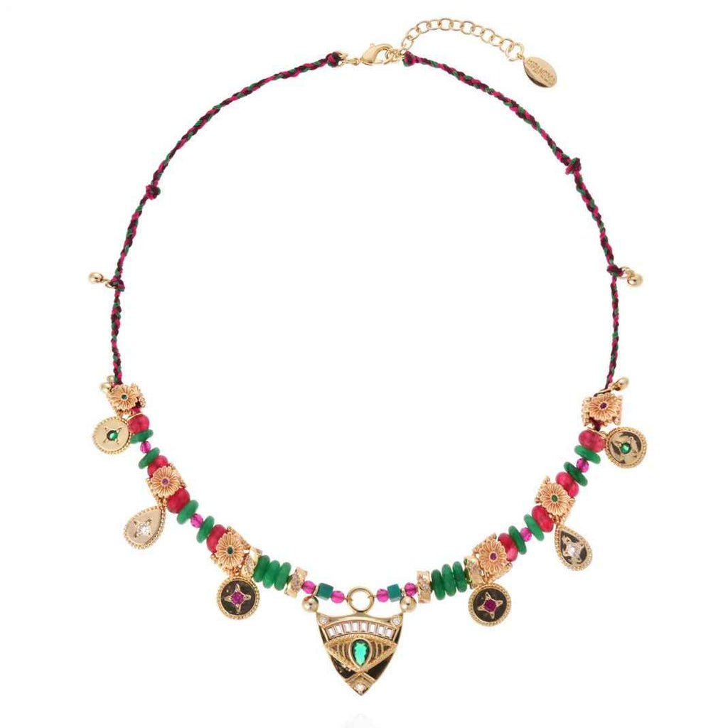 Colorful beaded necklace with gold accents on a white background