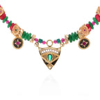 Colorful beaded necklace with gold and black accents on a white background