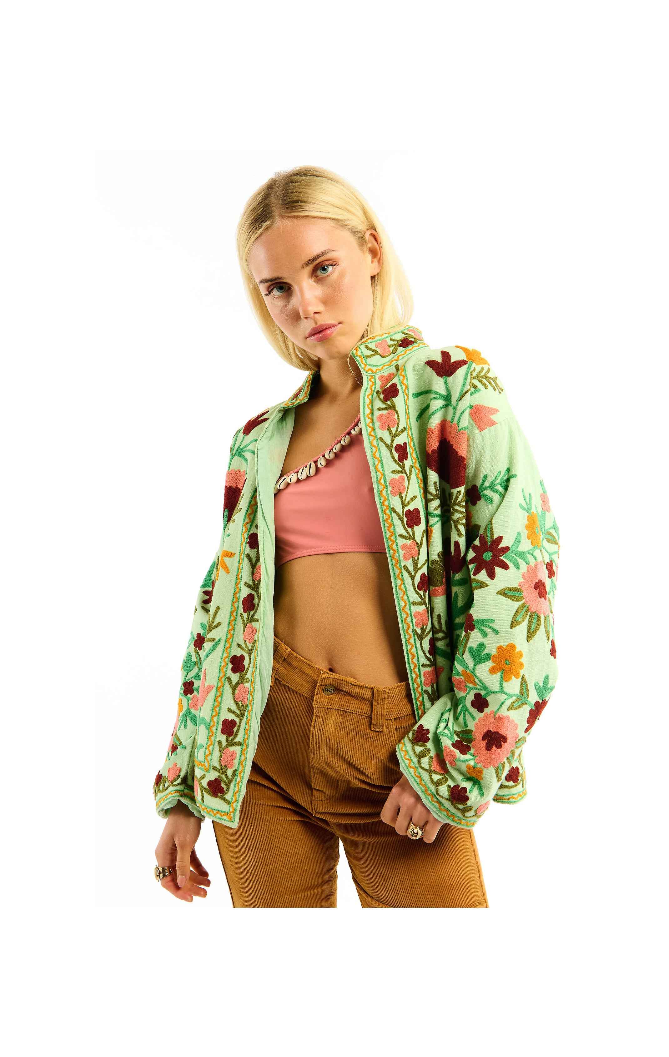 Tiger Hand-Embroidered Floral Jacket – Artisan Cotton Jacket