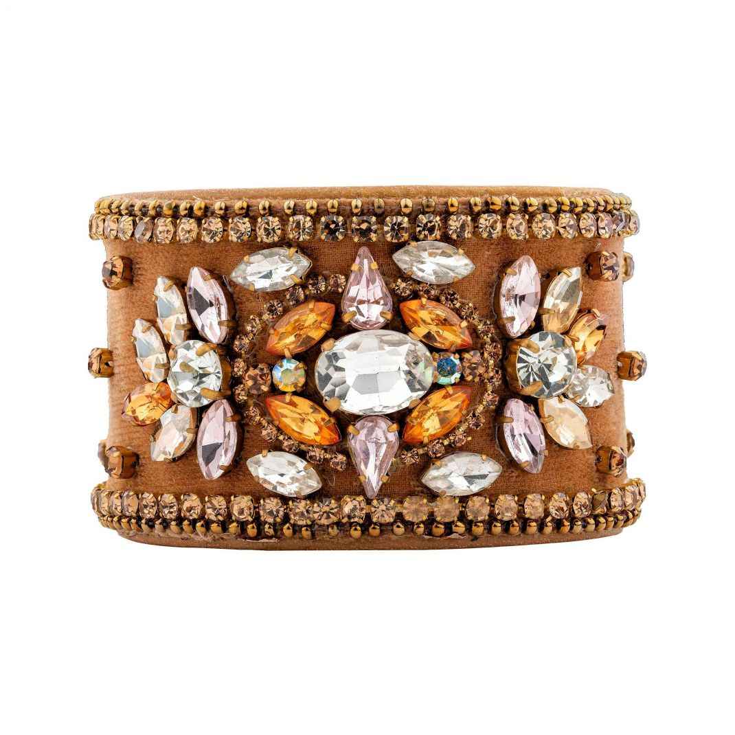 Decorative bracelet with multicolored gemstones on a white background