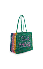 Multicolored tote bag with 'CIAO AMORE' text on a white background