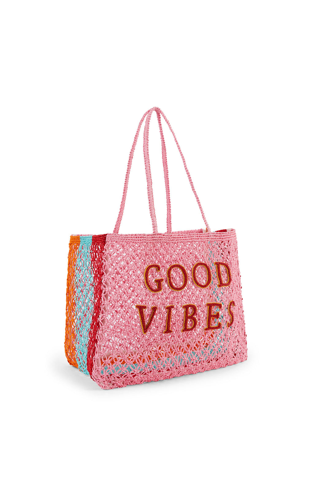 Pink tote bag with 'GOOD VIBES' text on a white background