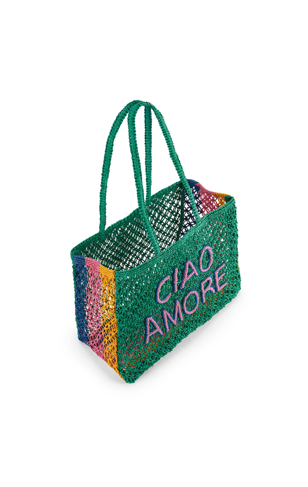 Multicolored woven bag with 'CIAO AMORE' text on a white background