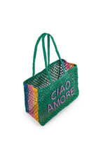 Multicolored woven bag with 'CIAO AMORE' text on a white background