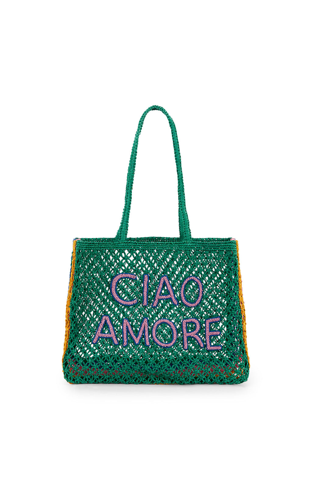 Green woven bag with 'CIAO AMORE' text on a white background