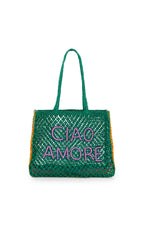 Green woven bag with 'CIAO AMORE' text on a white background