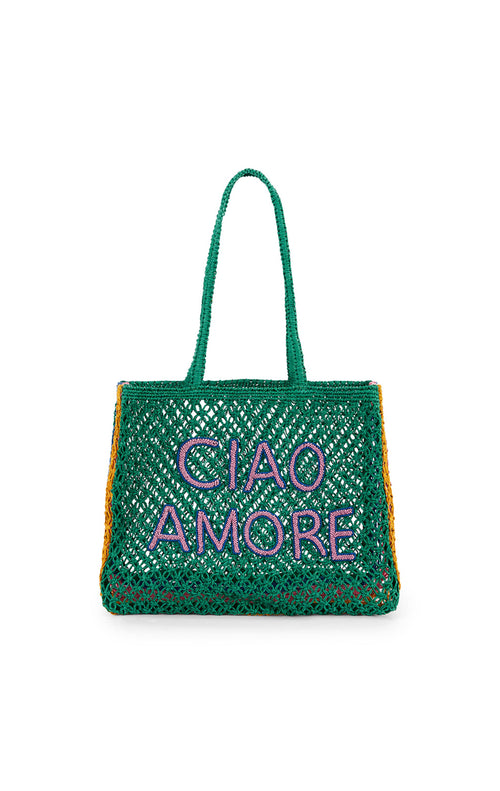 Green woven bag with 'CIAO AMORE' text on a white background