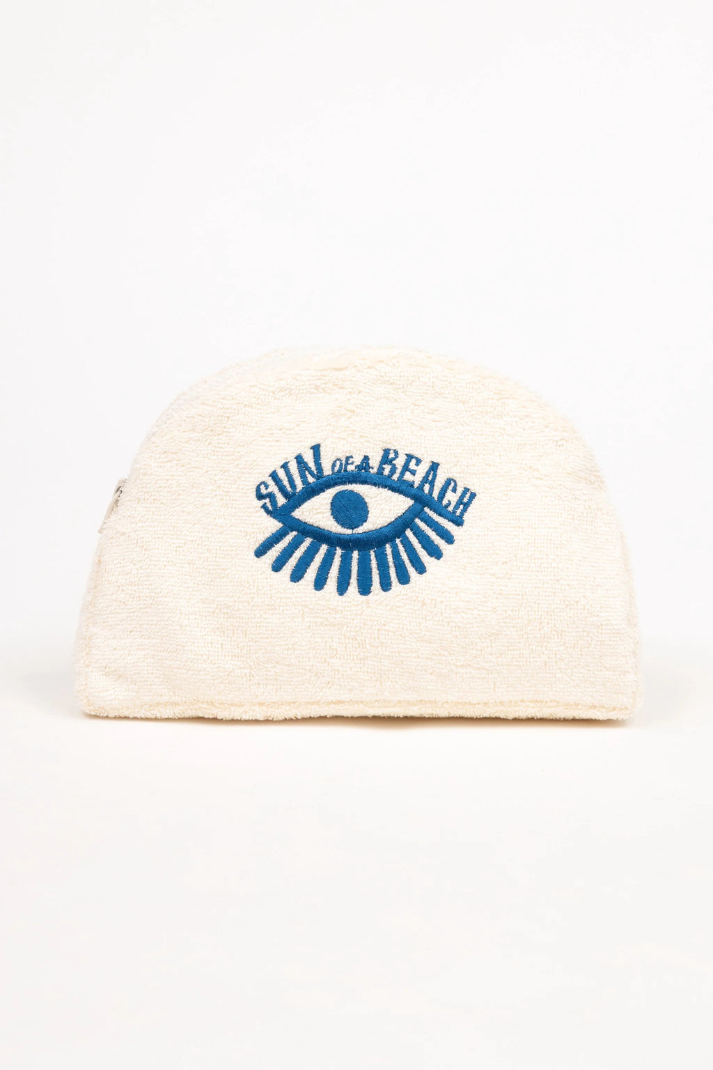 Beige beanie with blue eye logo on a white background
