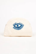 Beige beanie with blue eye logo on a white background