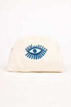 Beige beanie with blue eye logo on a white background