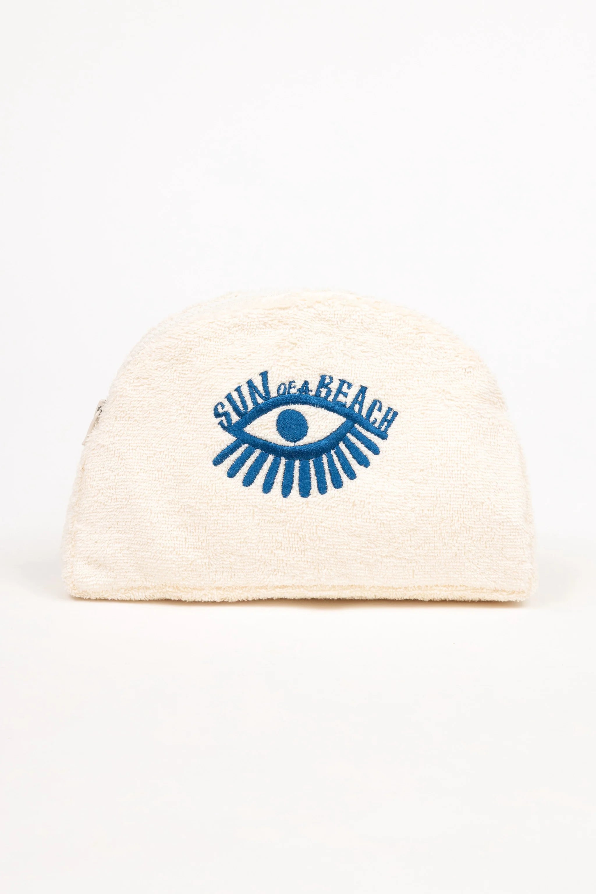 Beige beanie with blue eye logo on a white background