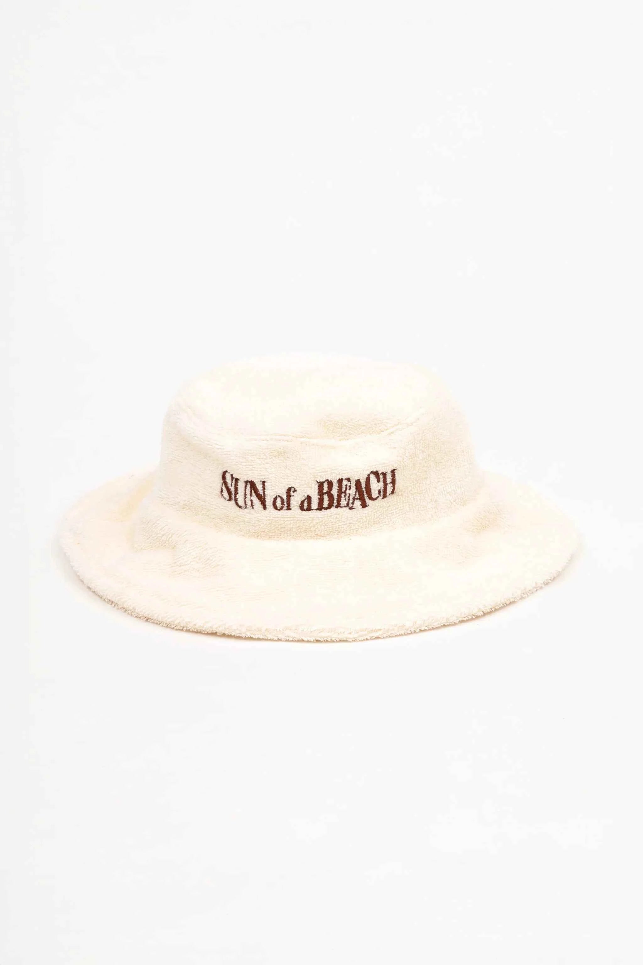 Beige bucket hat with 'Sun of a Beach' text on a white background