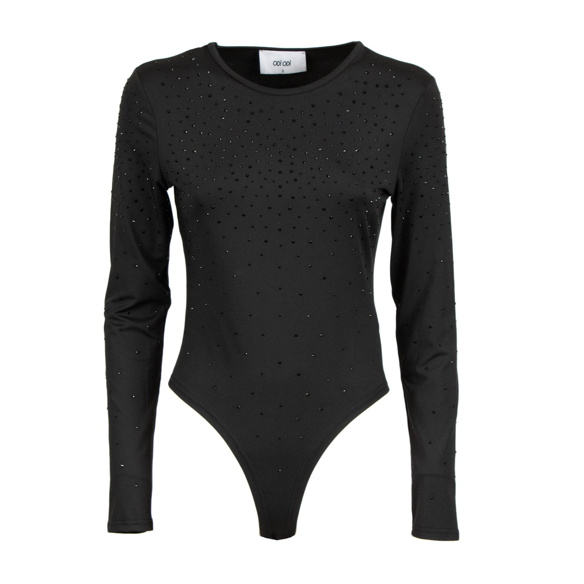 A black long-sleeve bodysuit with a crew neck, featuring a scattered pattern of small rhinestones across the front, displayed on a clean white background.