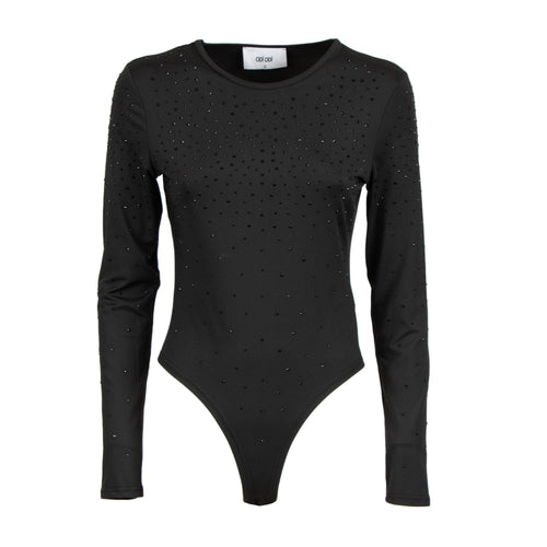 A black long-sleeve bodysuit with a crew neck, featuring a scattered pattern of small rhinestones across the front, displayed on a clean white background.