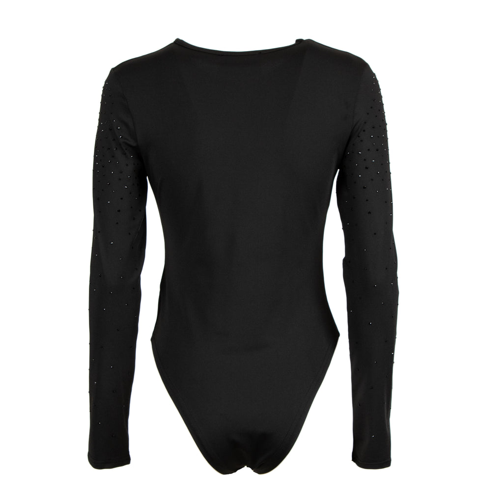A black long-sleeve bodysuit with rhinestone embellishments on the sleeves, shown against a plain white background.
