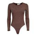 A long-sleeve bodysuit in brown with a scattered pattern of small white rhinestones, shown against a plain white background.