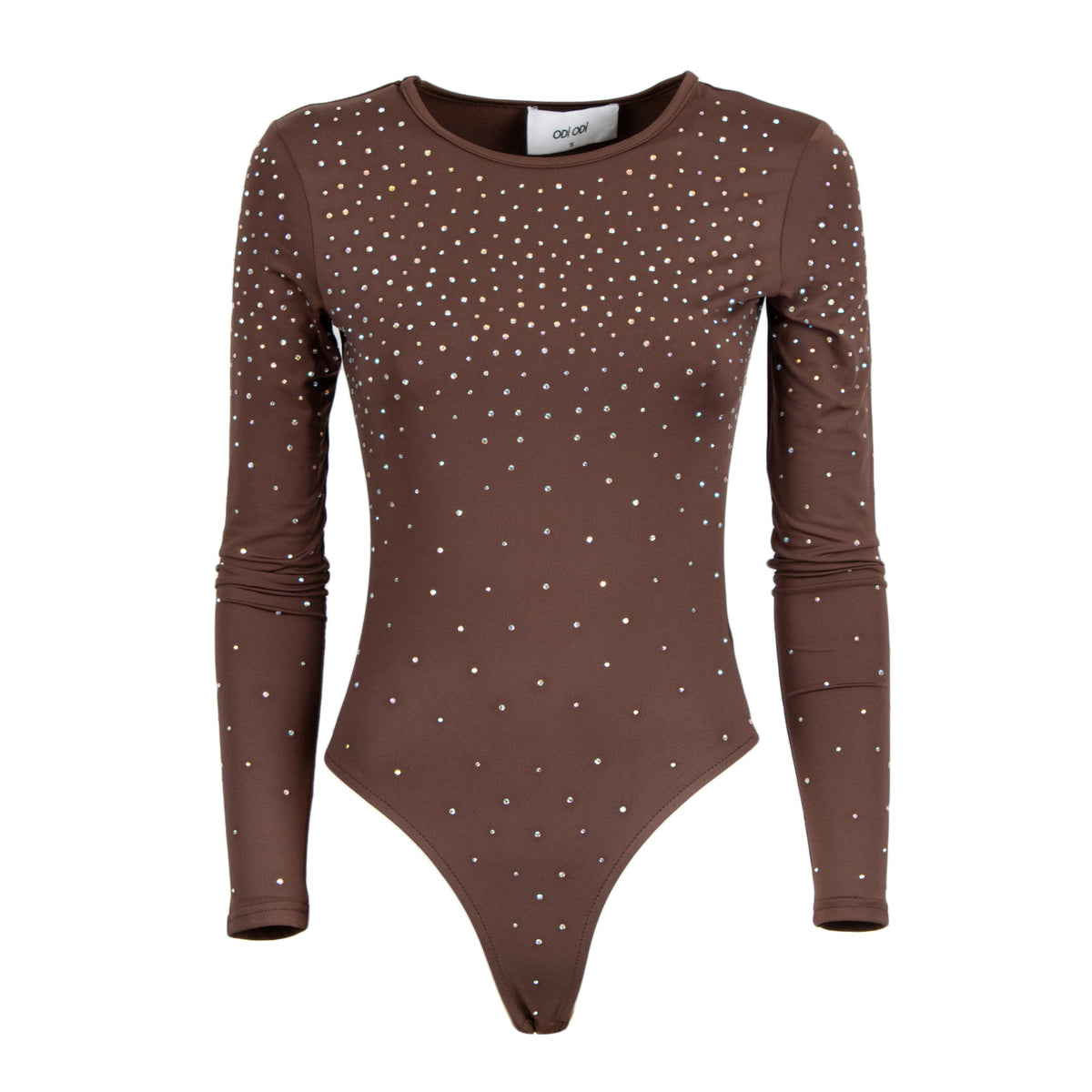 A long-sleeve bodysuit in brown with a scattered pattern of small white rhinestones, shown against a plain white background.