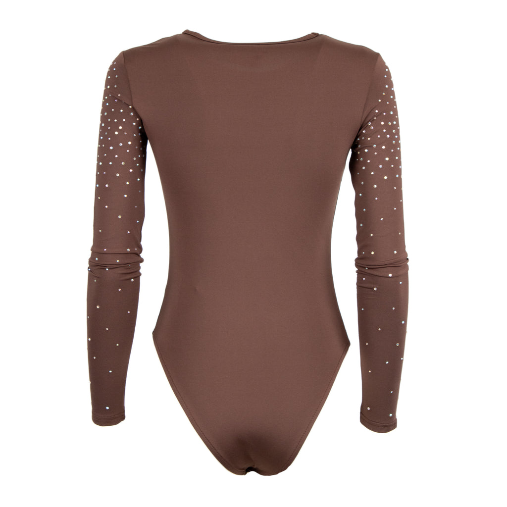 A long-sleeve bodysuit in a solid medium brown color, featuring small white rhinestone embellishments along the sleeves, shown against a plain white background.