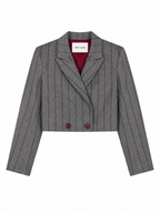 A cropped double-breasted blazer in gray herringbone fabric with thin red pinstripes, featuring a deep V-neckline, notched lapels, and two red buttons. The brand label 'LINE + AIGLE' is visible inside the collar.