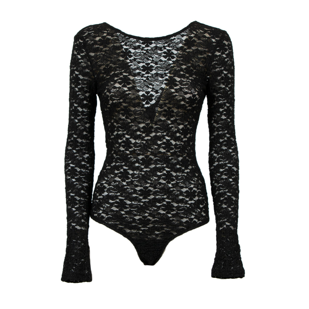 A black lace long-sleeve bodysuit with a scoop neckline and flared cuffs, shown against a plain white background.