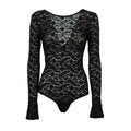 A black lace long-sleeve bodysuit with a scoop neckline and flared cuffs, shown against a plain white background.