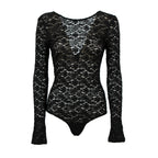 A black lace long-sleeve bodysuit with a scoop neckline and flared cuffs, shown against a plain white background.