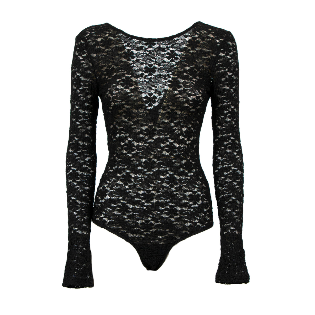 A black lace long-sleeve bodysuit with a scoop neckline and flared cuffs, shown against a plain white background.