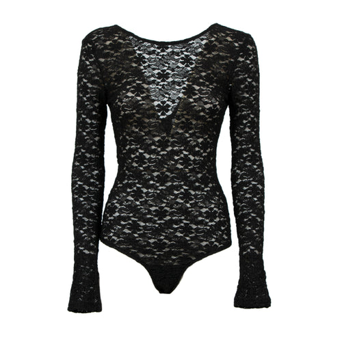 A black lace long-sleeve bodysuit with a scoop neckline and flared cuffs, shown against a plain white background.