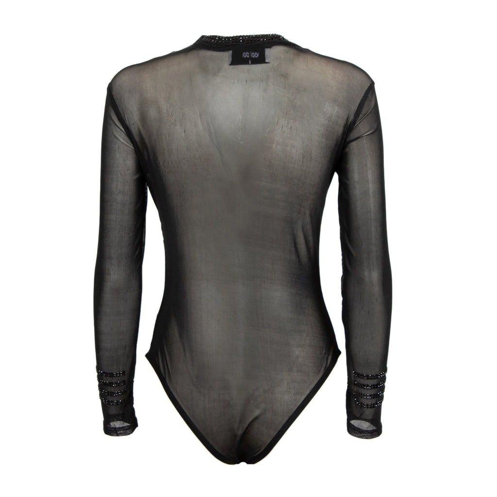 A long-sleeve black sheer mesh bodysuit with lace-up cuffs, shown from the back on a white background.