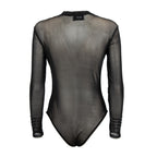 A long-sleeve black sheer mesh bodysuit with lace-up cuffs, shown from the back on a white background.