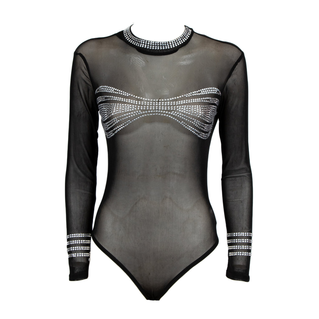 A sheer black long-sleeve bodysuit with silver rhinestone embellishments on the chest and cuffs, displayed on a white background.