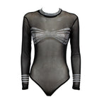 A sheer black long-sleeve bodysuit with silver rhinestone embellishments on the chest and cuffs, displayed on a white background.