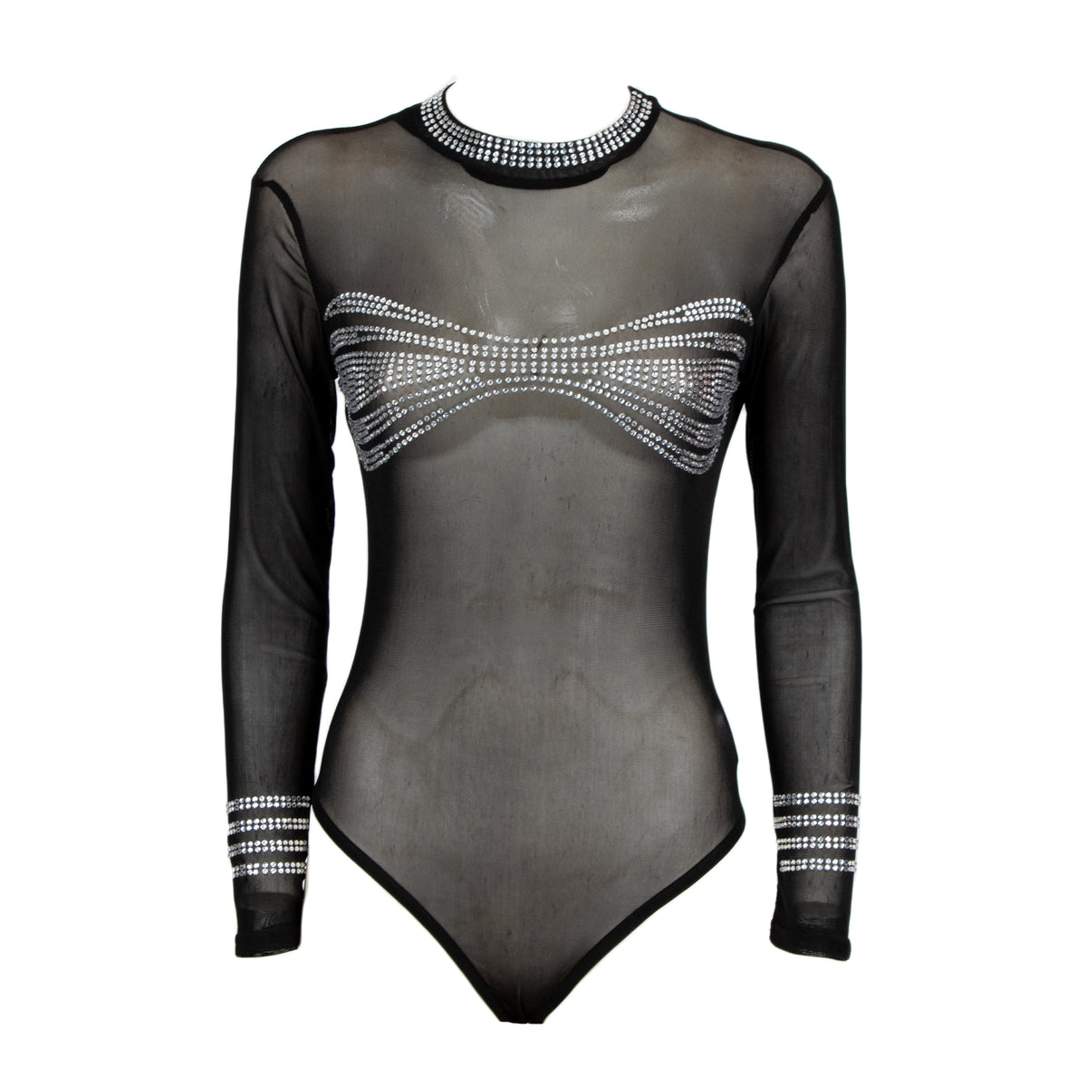 A sheer black long-sleeve bodysuit with silver rhinestone embellishments on the chest and cuffs, displayed on a white background.