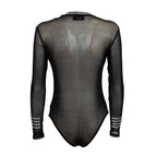 A sheer black mesh long-sleeve bodysuit shown from the back, featuring silver rhinestone trim along the neckline and cuffs, set against a plain white background.