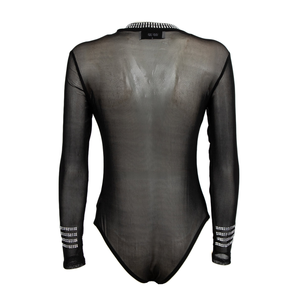 A sheer black mesh long-sleeve bodysuit shown from the back, featuring silver rhinestone trim along the neckline and cuffs, set against a plain white background.