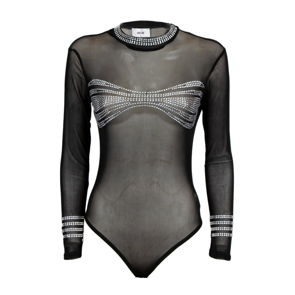 A sheer black long-sleeve bodysuit with silver rhinestone embellishments across the chest and on the cuffs, displayed against a solid white background.