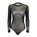 A sheer black long-sleeve bodysuit with silver rhinestone embellishments across the chest and on the cuffs, displayed against a solid white background.