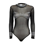 A sheer black long-sleeve bodysuit with silver rhinestone embellishments across the chest and on the cuffs, displayed against a solid white background.